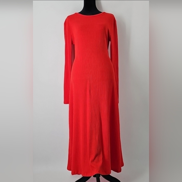 Zara Bright Red Crew Neck Ribbed Stretchy Fit & Flare Long Sleeve Midi Dress - Picture 9 of 10